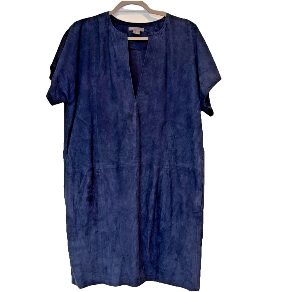 Vince Women's Navy Blue Suede Leather V Neck Short Sleeve Dress Medium